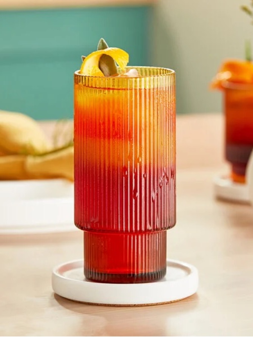 Pottery Barn Amber Ribbed Carousel Highball Glasses x4 - Picture 3 of 12